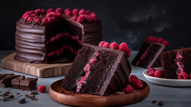 A slice of chocolate cake with raspberries on top