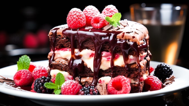 A slice of chocolate cake with strawberries and cream alongside a cut piece generated by AI