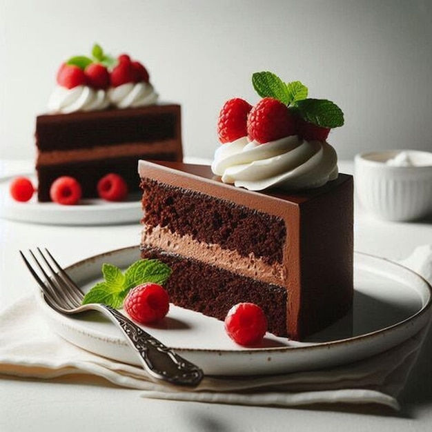 a slice of chocolate cake with strawberries and a fork