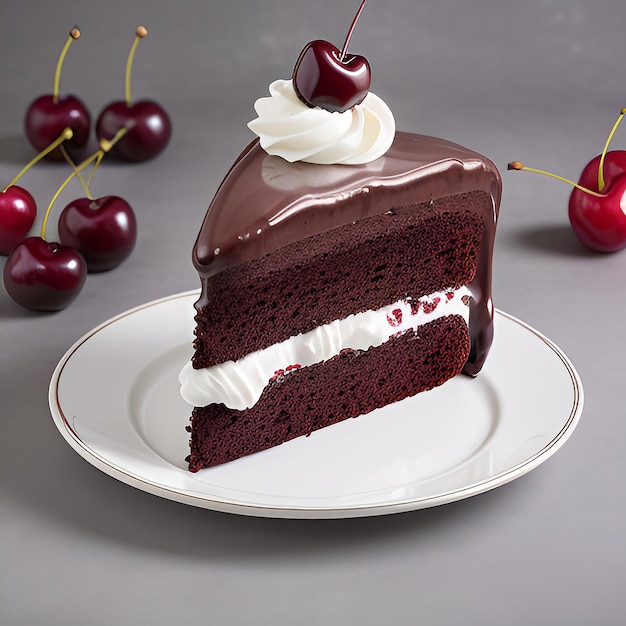 A slice of chocolate cake with whipped cream and cherries on a plate.