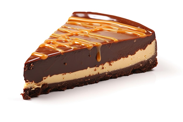 a slice of chocolate cheesecake with caramel topping