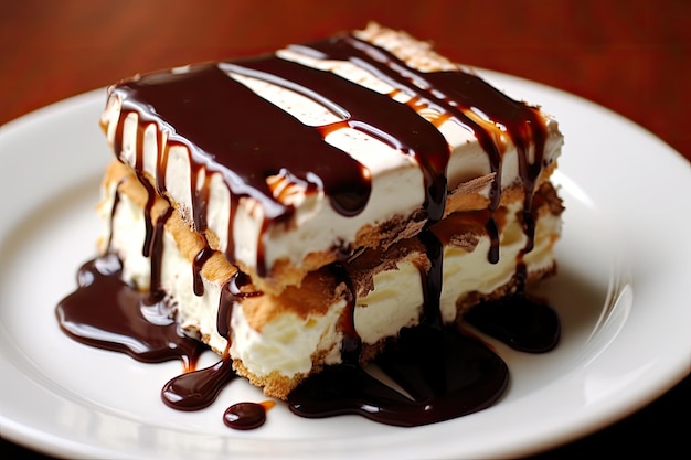 A slice of chocolate ice cream with a chocolate drizzle on top.