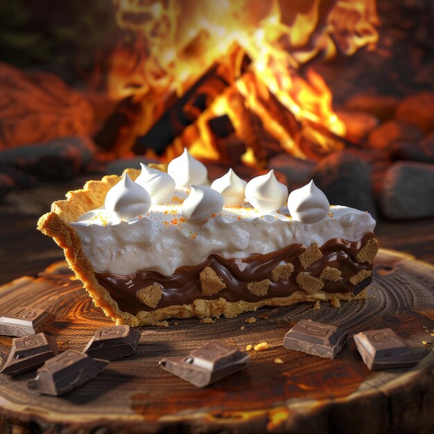 Photo a slice of chocolate pie with meringue topping on a wooden board with a campfire in the background