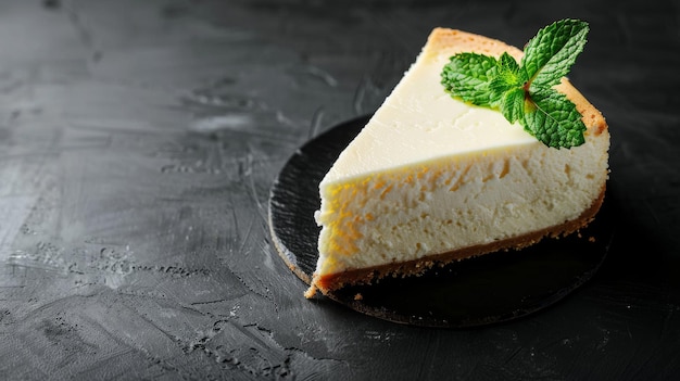 Photo slice of classic cheesecake with mint garnish on black slate dessert shot sweet food gourmet concept