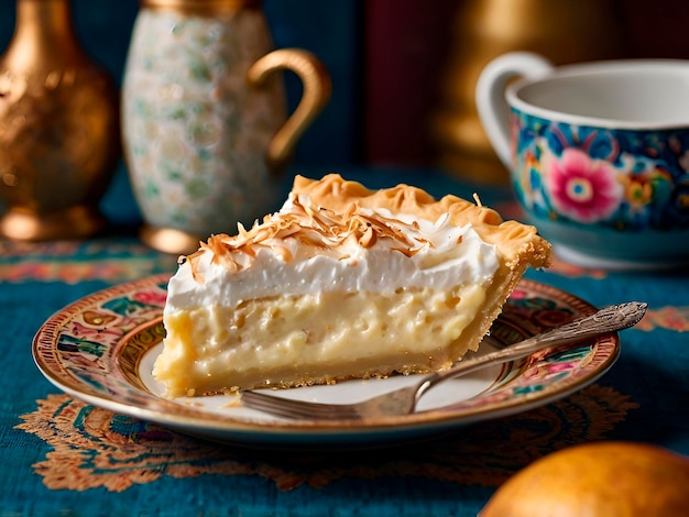 A slice of coconut cream pie with a golden crust beautifully presented on a vibrant plate