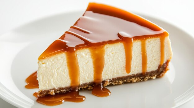 Photo a slice of creamy cheesecake topped with a rich caramel drizzle beautifully presented on a whi