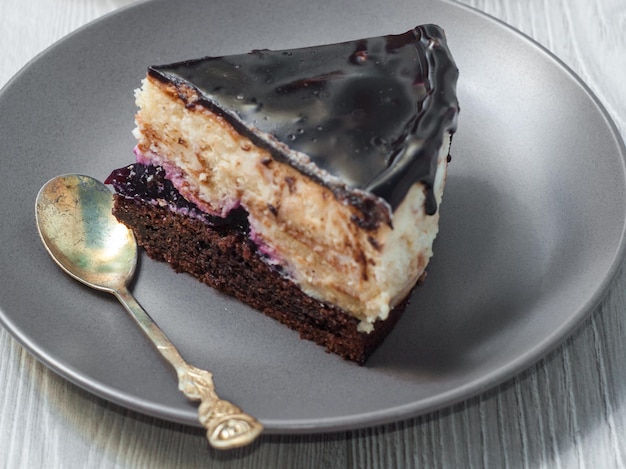 Slice of delicious chocolate cake filled with currant jam