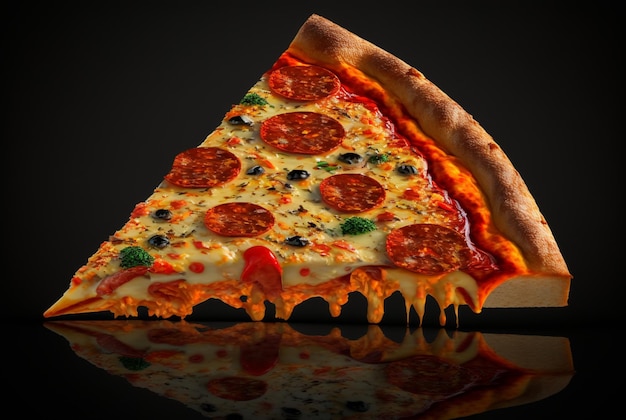 Slice of delicious pizza on dark background generative ai