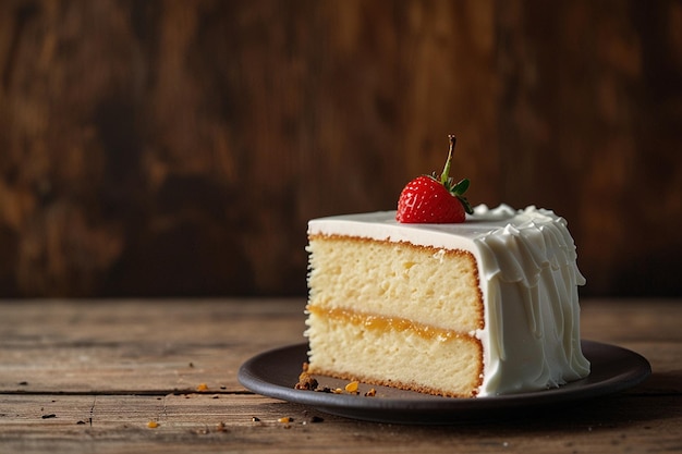 Slice of delicious vanilla cake on wooden table