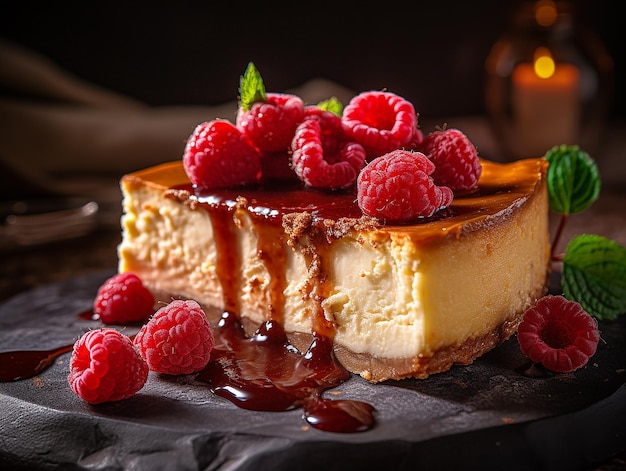 slice of exquisite cheesecake with raspberries and caramel food photography created with ai