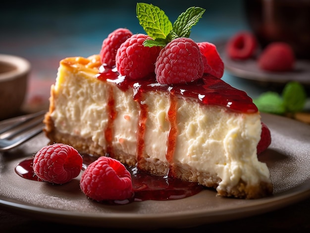 slice of exquisite cheesecake with raspberries and caramel food photography created with ai