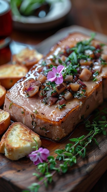 Photo a slice of foie gras terrine on a rustic wooden board the terrine is rich and creamy delicately sli