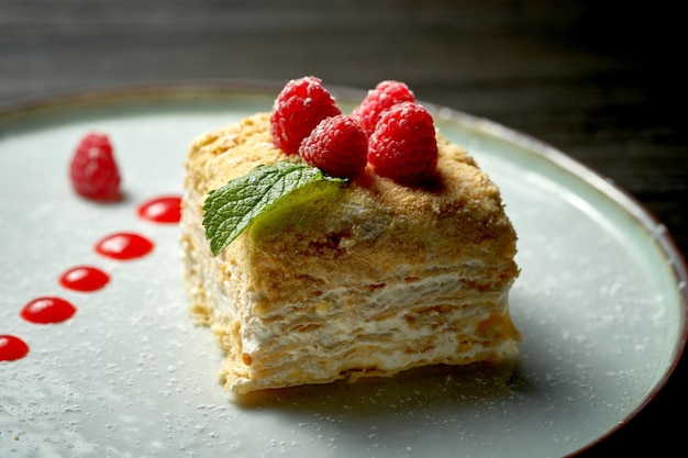 A slice of French dessert mille-feuille with layers of puff pastry and vanilla slice or custard slice. Napoleon cake