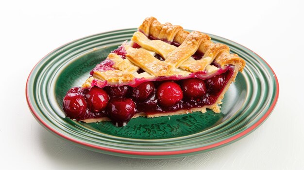 Photo slice of fresh cherry pie on green plate isolated on white background traditional homemade bakery