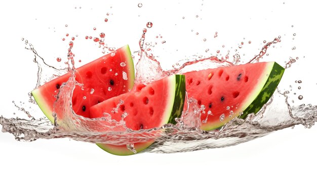 slice of fresh watermelon with water splash on white background