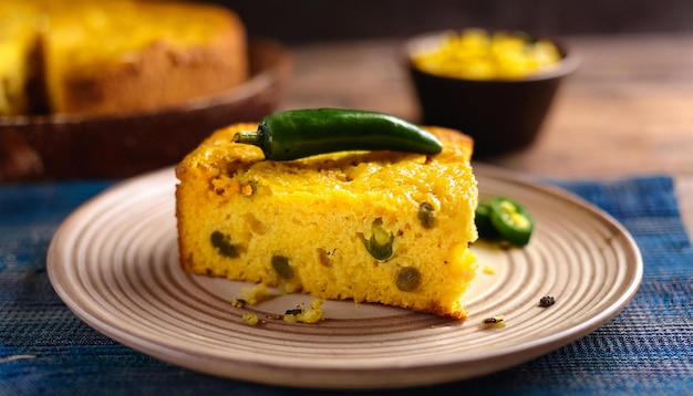 Photo a slice of freshly baked cornbread with bits of jalapeos and melted cheddar cheese served warm