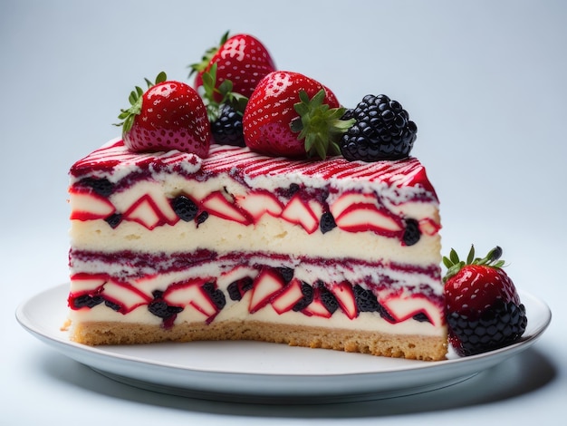 Slice of gourmet fresh berry cake on white background ai generative