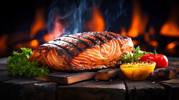 slice of grilled salmon with flames in the background generated by ai