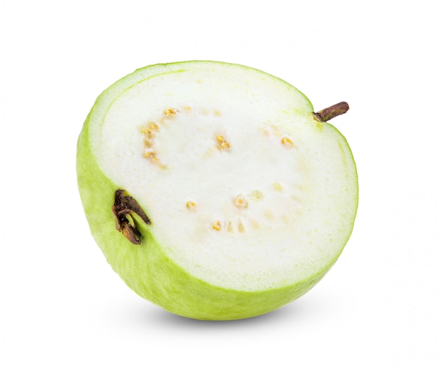 Slice of guava fruit on white wall.