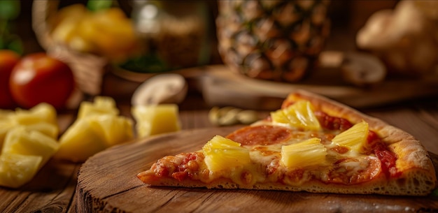 Slice of hawaiian pizza with fresh pineapple and ham closeup view Delicious food concept