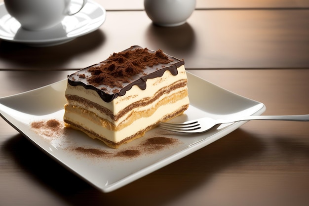 Slice of homemade Italian dessert tiramisu presented on a platter