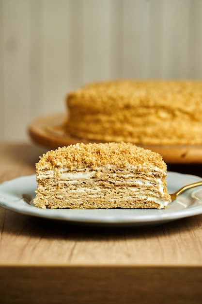 Slice of Honey cake on plate