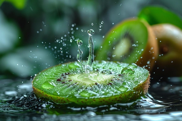 Slice of kiwi falling in water