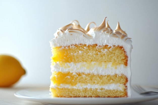 Photo a slice of lemon cake with layers of cream and lemon filling elegantly presented