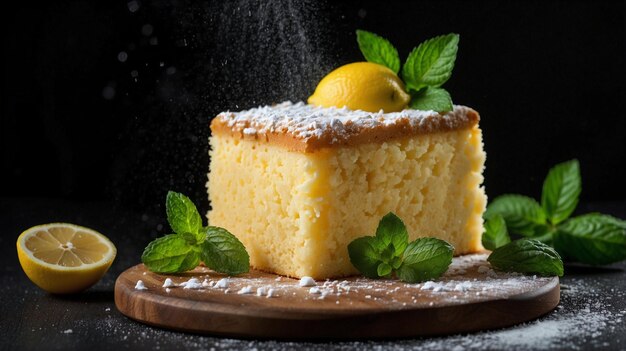 Photo a slice of lemon cake with mint leaves on a plate