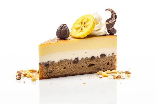 A slice of lemon cheesecake with chocolate and lemons on top.