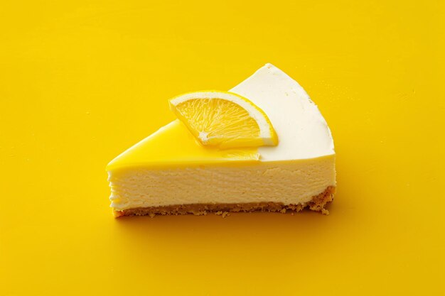 Photo a slice of lemon cheesecake on a yellow surface