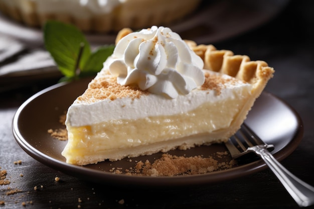 A slice of lemon curd pie on a brown plate with a fork.