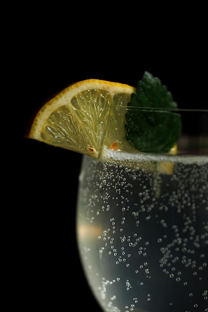 A slice of lemon and a mint leaf on the glass with a cocktail