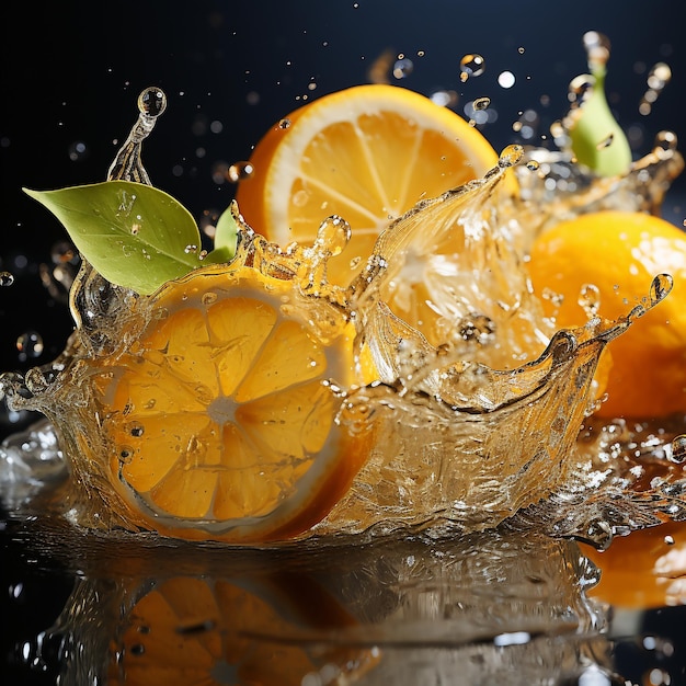 Slice of lemon splashing into a glass of water with a spray of water droplets in motion suspended