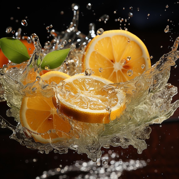 Slice of lemon splashing into a glass of water with a spray of water droplets in motion suspended