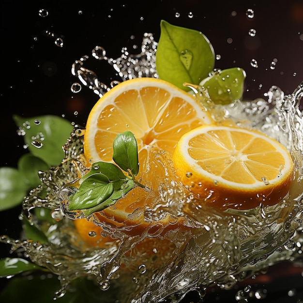 Slice of lemon splashing into a glass of water with a spray of water droplets in motion suspended