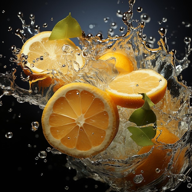 Slice of lemon splashing into a glass of water with a spray of water droplets in motion suspended