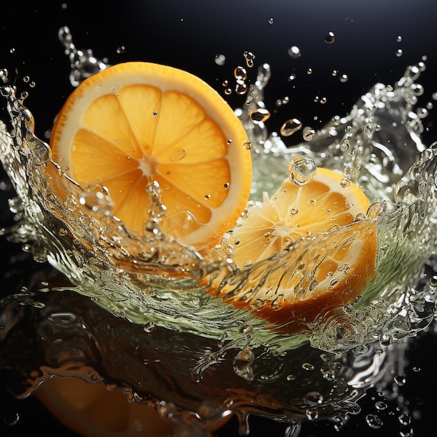 Slice of lemon splashing into a glass of water with a spray of water droplets in motion suspended