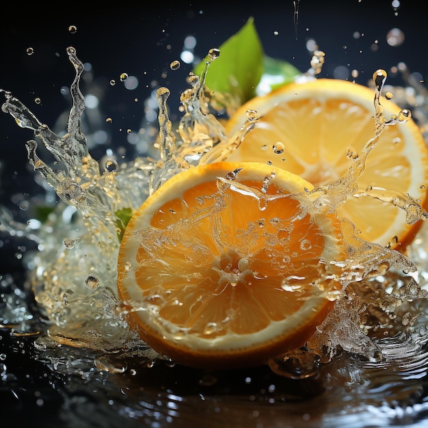 Slice of lemon splashing into a glass of water with a spray of water droplets in motion suspended