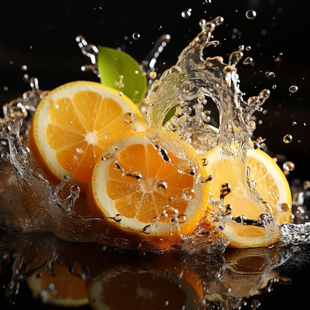 Slice of lemon splashing into a glass of water with a spray of water droplets in motion suspended