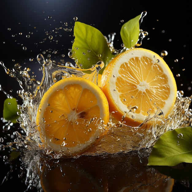 Slice of lemon splashing into a glass of water with a spray of water droplets in motion suspended