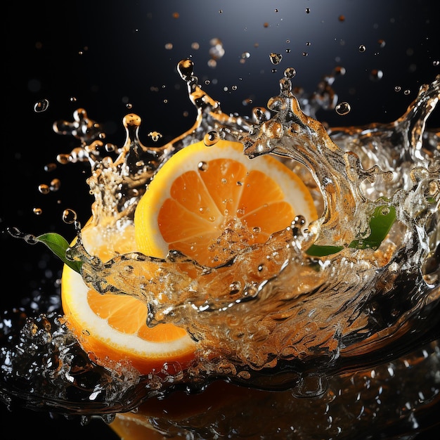 Slice of lemon splashing into a glass of water with a spray of water droplets in motion suspended