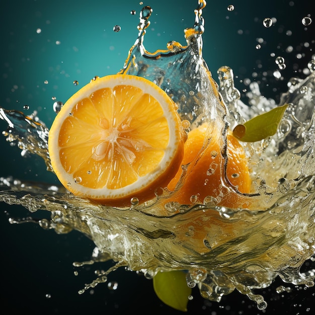 Slice of lemon splashing into a glass of water with a spray of water droplets in motion suspended