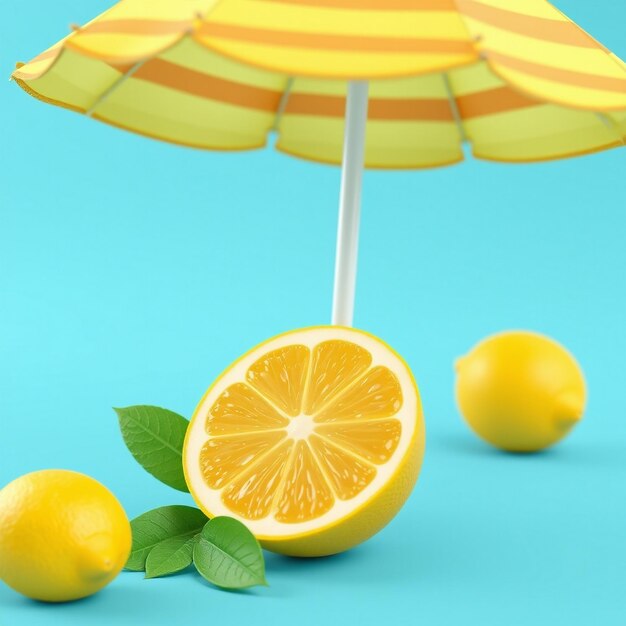 Photo slice of lemon with beach umbrella isolate on blue background summer fruits 3d rendering