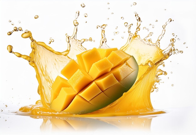 a slice of a mango is being splashed with water