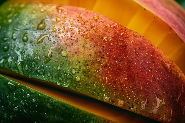 A slice of mango with a green stem and a yellow center