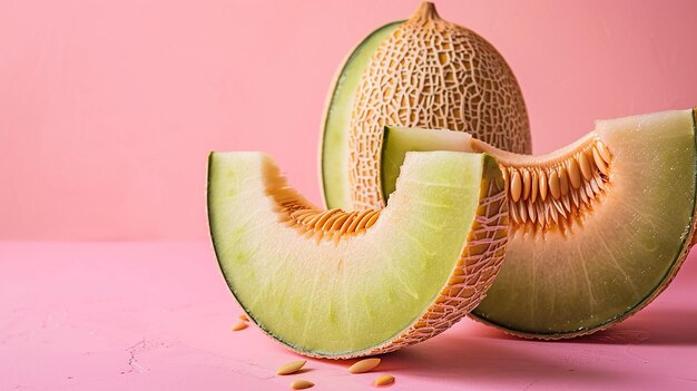 Photo a slice of melon is cut in half and a slice of the melon is on the table