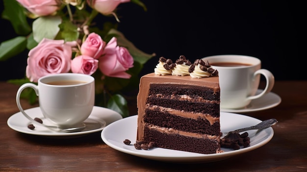 A slice of moist chocolate cake topped with velvety buttercream