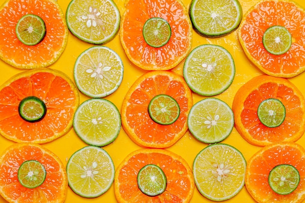 Slice of orange fruit lime citrus arranged on yellow background