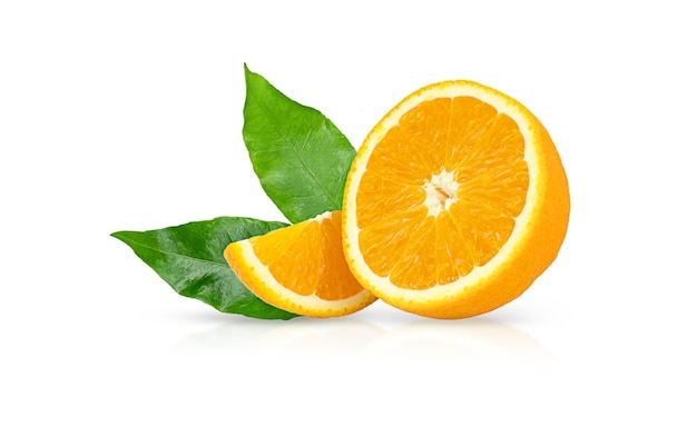 Slice of orange and half of orange with green leaves isolated on a white background